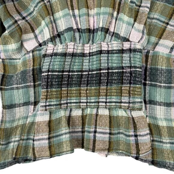 FREE PEOPLE Teagan Blouse With Volume Sleeve In Plaid-Blues Sz Medium - Picture 7 of 7